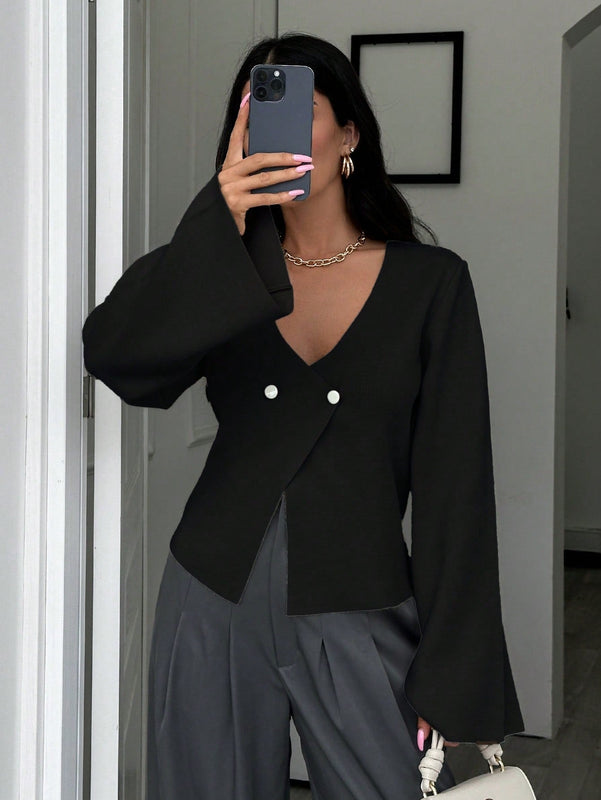 Cardigan de mujer de unicolor con cuello en v, botones delanteros y hombros caidos