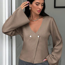 Cardigan de mujer de unicolor con cuello en v, botones delanteros y hombros caidos