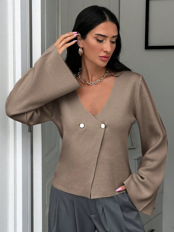 Cardigan de mujer de unicolor con cuello en v, botones delanteros y hombros caidos