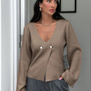 Cardigan de mujer de unicolor, con cuello en v, abotonadura delante y hombros caidos