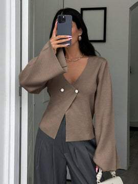 Cardigan de mujer de unicolor con cuello en v, botones delanteros y hombros caidos
