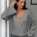 Cardigan de mujer de unicolor con cuello en v, botones delanteros y hombros caidos