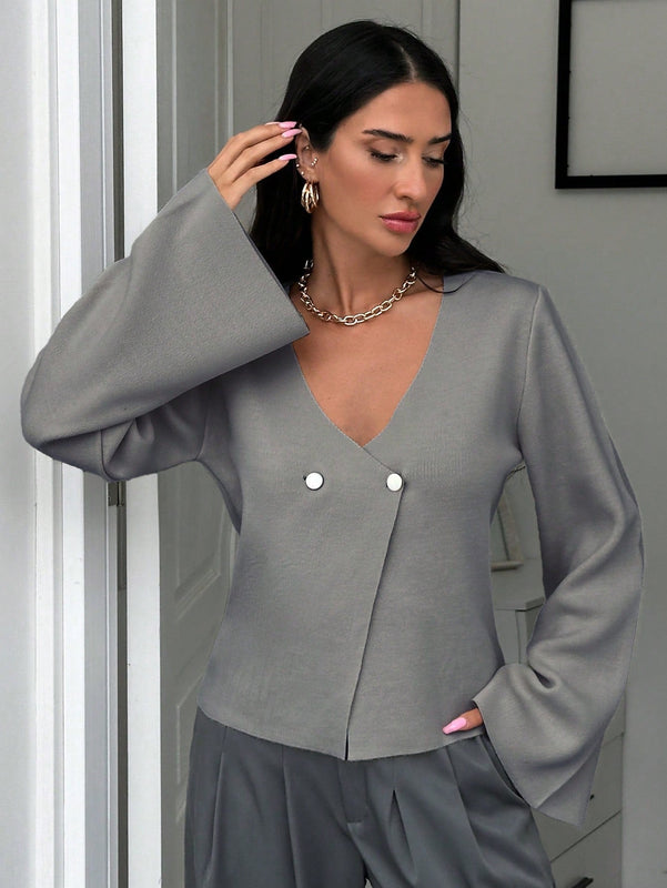 Cardigan de mujer de unicolor con cuello en v, botones delanteros y hombros caidos