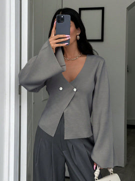 Cardigan de mujer de unicolor, con cuello en v, abotonadura delante y hombros caidos