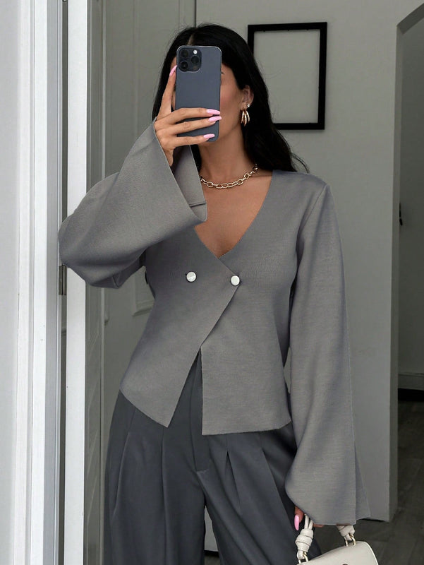 Cardigan de mujer de unicolor, con cuello en v, abotonadura delante y hombros caidos