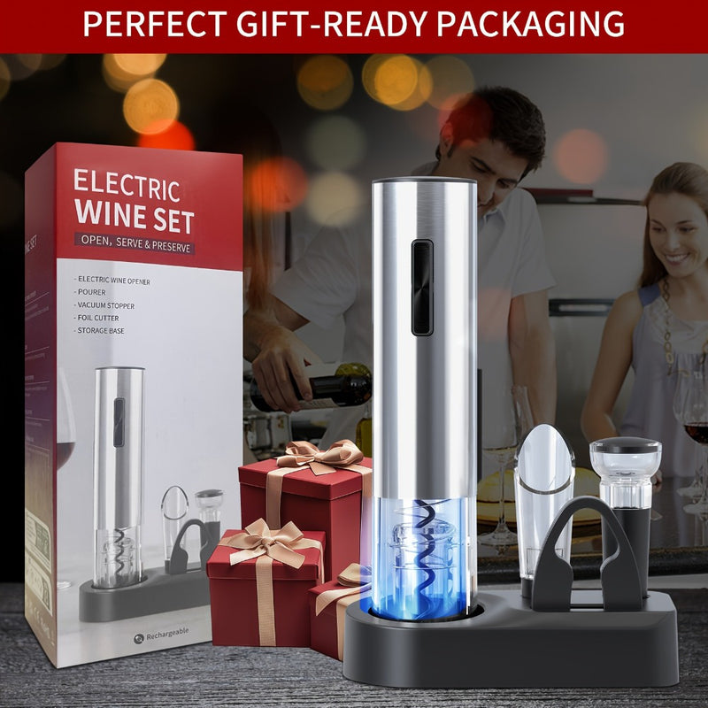 Abrebotellas Eléctrico 6 en 1 Recargable, Incluye Sacacorchos Automático, Cortador de Envases y Tapón al Vacío – Ideal para Regalo del Día del Padre (Plateado)