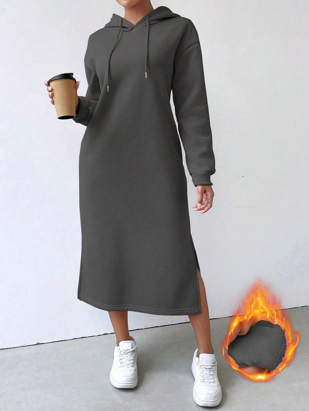 Relaxiva vestido sudadera casual de felpa con capucha, manga larga, bajo con abertura, cordon ajustable, estampado de lema para mujer, otono/invierno