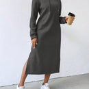 Relaxiva vestido sudadera casual de felpa con capucha, manga larga, bajo con abertura, cordon ajustable, estampado de lema para mujer, otono/invierno