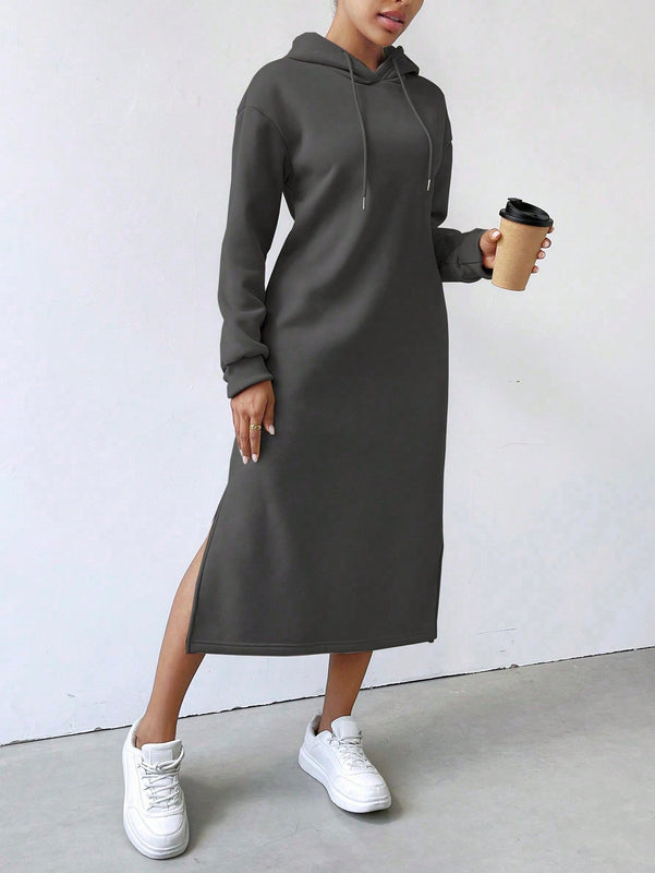 Relaxiva vestido sudadera casual de felpa con capucha, manga larga, bajo con abertura, cordon ajustable, estampado de lema para mujer, otono/invierno