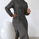 Relaxiva vestido sudadera casual de felpa con capucha, manga larga, bajo con abertura, cordon ajustable, estampado de lema para mujer, otono/invierno