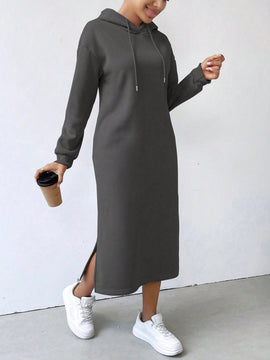 Relaxiva vestido sudadera casual de felpa con capucha, manga larga, bajo con abertura, cordon ajustable, estampado de lema para mujer, otono/invierno