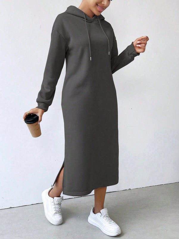 Relaxiva vestido sudadera casual de felpa con capucha, manga larga, bajo con abertura, cordon ajustable, estampado de lema para mujer, otono/invierno