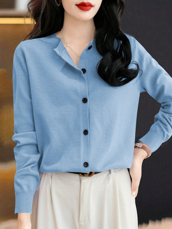 Essnce cardigan suelto y casual de mujer de un solo abotonado, de color liso, manga larga, para otono/invierno