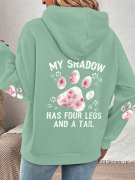 Lune sudadera con capucha informal para mujer con estampado de letra y pata de perro, para otono/invierno