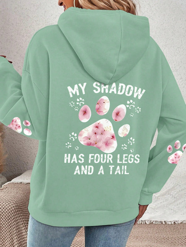 Lune sudadera con capucha informal para mujer con estampado de letra y pata de perro, para otono/invierno