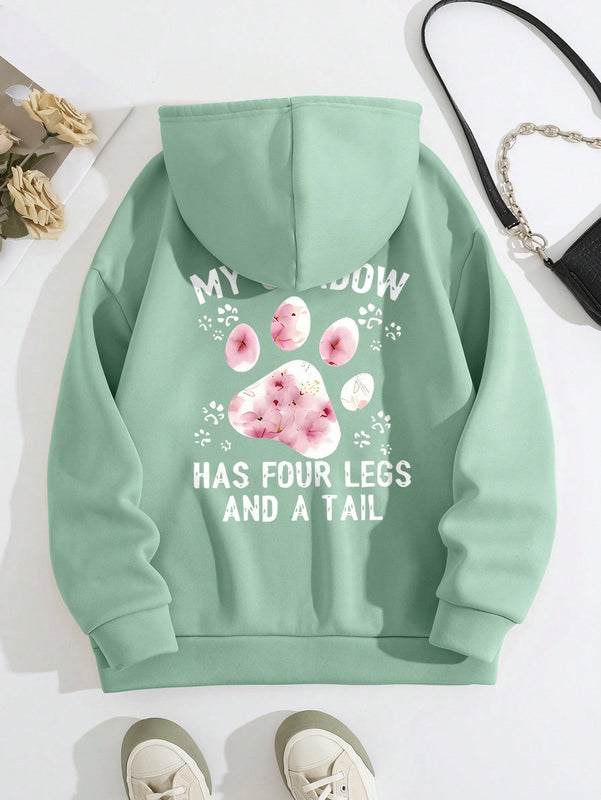 Lune sudadera con capucha informal para mujer con estampado de letra y pata de perro, para otono/invierno