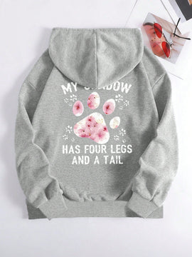 Lune sudadera con capucha informal para mujer con estampado de letra y pata de perro, para otono/invierno