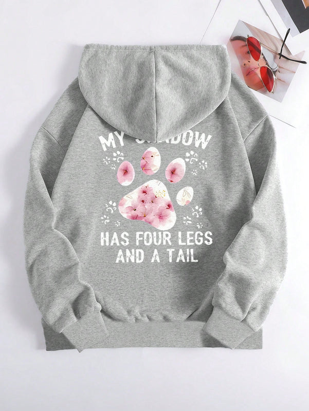 Lune sudadera con capucha informal para mujer con estampado de letra y pata de perro, para otono/invierno