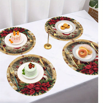 Set de 4 manteles individuales redondos con temática navideña - Manteles de mesa de poliéster tejido con diseño de Papá Noel, reno y flor de pascua, antideslizantes, lavables a mano, decoración festiva para mesa de comedor 38,1 cm
