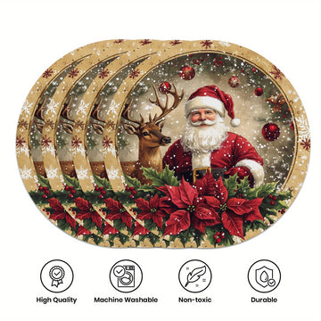 Set de 4 manteles individuales redondos con temática navideña - Manteles de mesa de poliéster tejido con diseño de Papá Noel, reno y flor de pascua, antideslizantes, lavables a mano, decoración festiva para mesa de comedor 38,1 cm