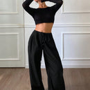 Dazy pantalones holgados de pierna ancha de color liso con cintura con cordon y pliegues para mujer