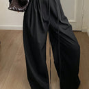 Dazy pantalones holgados de pierna ancha de color liso con cintura con cordon y pliegues para mujer