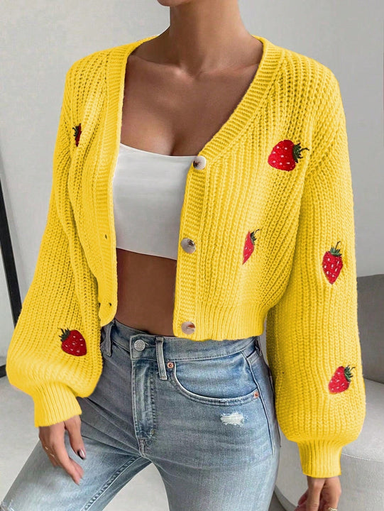 Moosta cardigan holgado de mujer con mangas farol, hombros caidos y bordado de fresa de estilo casual