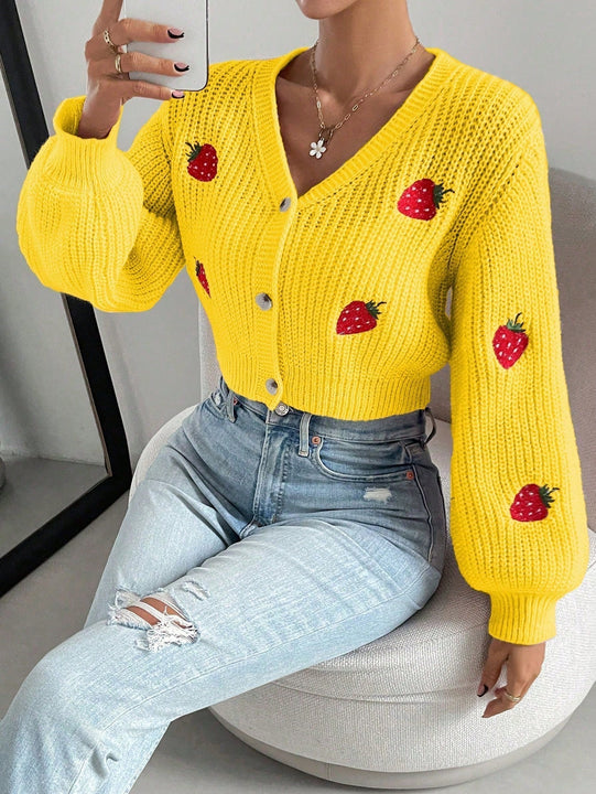 Moosta cardigan holgado de mujer con mangas farol, hombros caidos y bordado de fresa de estilo casual