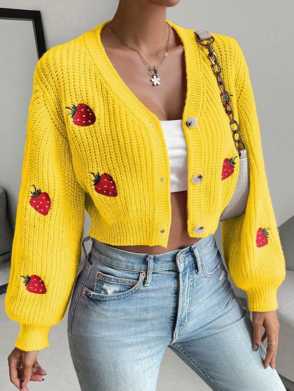 Moosta cardigan holgado de mujer con mangas farol, hombros caidos y bordado de fresa de estilo casual