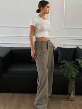 Dazy pantalones anchos de mujer de pana de unicolor con bolsillos