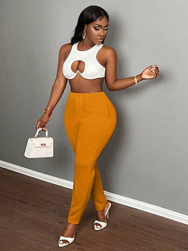 Slayr pantalones de trabajo para mujer de cintura alta, corte delgado y plisado tipo papel clip de color liso minimalista, para verano 2024