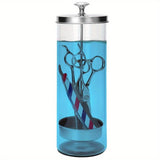 Jarrón de vidrio de acero inoxidable para desinfectar herramientas en salones de belleza y cuidado de uñas.