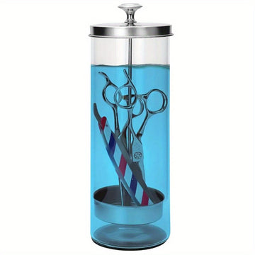 Jarrón de vidrio de acero inoxidable para desinfectar herramientas en salones de belleza y cuidado de uñas.