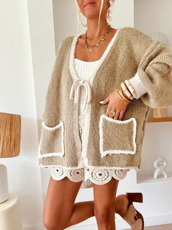 Frenchy blusa minimalista de manga larga con bolsillo y detalle de color contrastante en los bordes con lazo frontal para mujer