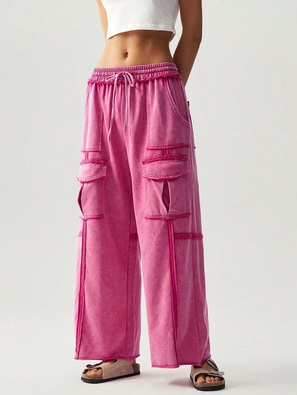 Bohemela pantalones anchos de punto de color liso con bolsillo para mujer, ideales para vacaciones