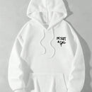 Sudadera con capucha negra holgada de mujer con estampado de lema, hombros caidos y cordon, primavera y otono