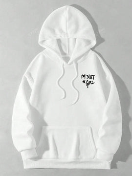 Sudadera con capucha negra holgada de mujer con estampado de lema, hombros caidos y cordon, primavera y otono