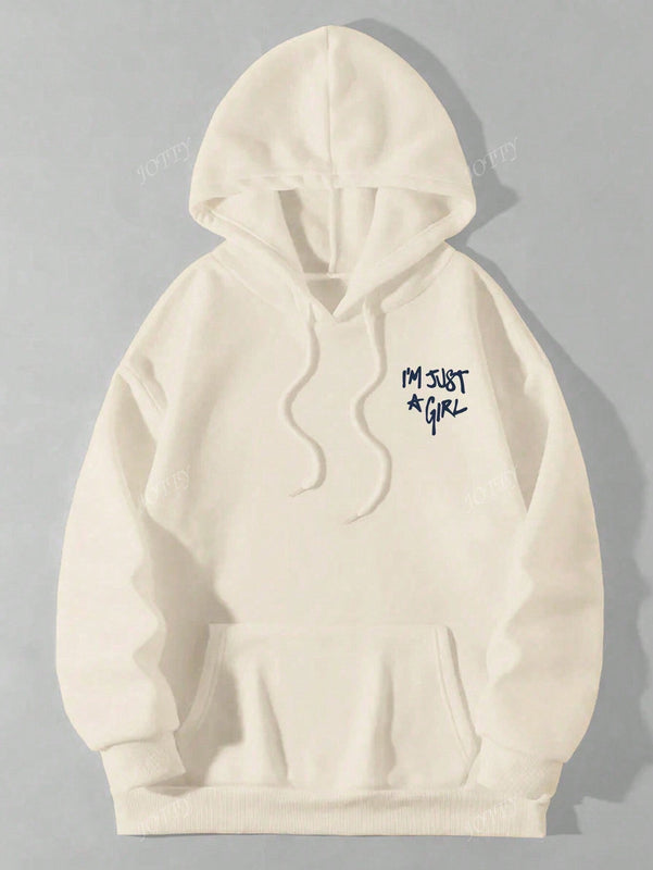 Sudadera con capucha negra holgada de mujer con estampado de lema, hombros caidos y cordon, primavera y otono