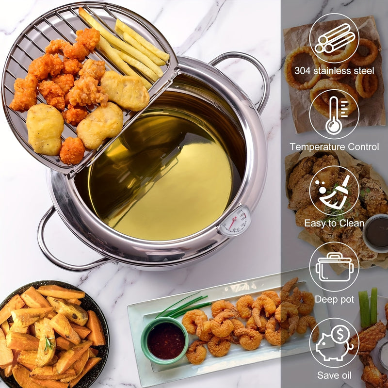 1 pieza, freidora de tempura de gran capacidad con control de aceite, termómetro, tapa y recubrimiento antiadherente - 2,2 litros, diámetro de 6,5" para cocción uniforme - Ideal para freír verduras, carnes y mariscos - Uso en cocina y fiestas, freidora p