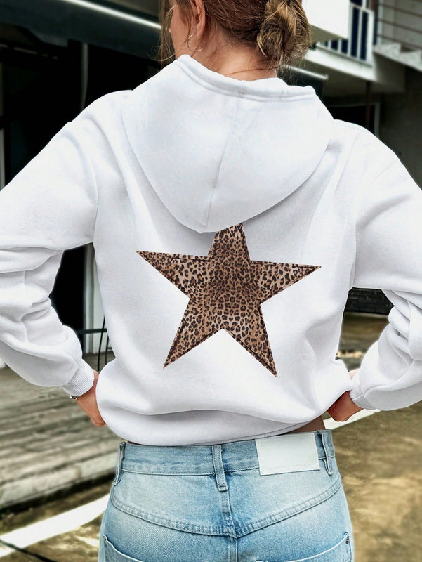 Ezwear sudadera con capucha de mujer con estampado de leopardo y estrella, hombros caidos, otono/invierno