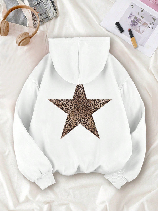 Ezwear sudadera con capucha de felpa con estampado de leopardo y estrella, otono/invierno
