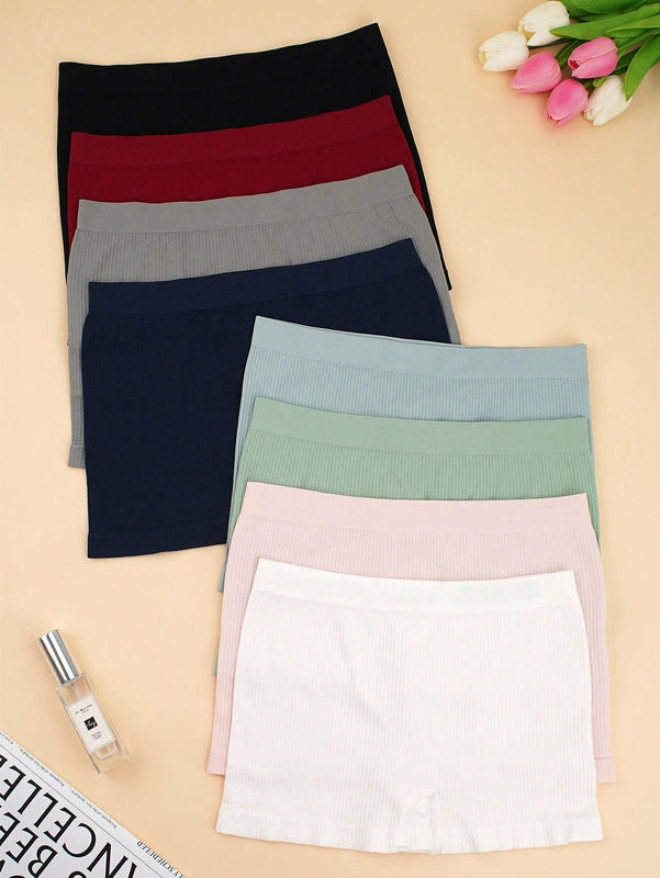 Set de 8 pantalones cortos tipo boyshort de cintura alta, transpirables, elasticos y comodos, de diseno simple, con ropa interior de costilla para mujer - lenceria y ropa interior esencial para uso diario