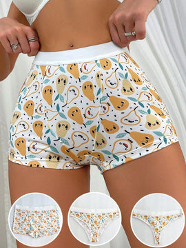 3 piezas/conjunto de bragas sin costuras sexys, calzoncillos simples y casuales de cintura baja, ropa interior femenina con estampado lindo y comoda
