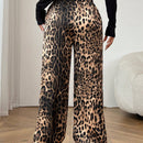 Petite pantalones casuales de estilo callejero de pata ancha de saten tejido con estampado de leopardo