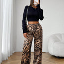Petite pantalones casuales de estilo callejero de pata ancha de saten tejido con estampado de leopardo