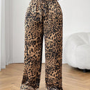 Petite pantalones casuales de estilo callejero de pata ancha de saten tejido con estampado de leopardo