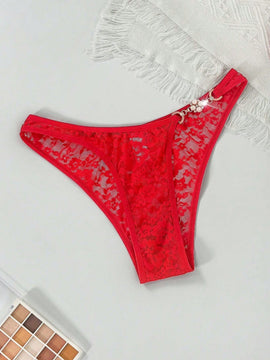1 pieza tanga de mujer con decoracion de encaje y strass con motivo floral, respirable y comodo