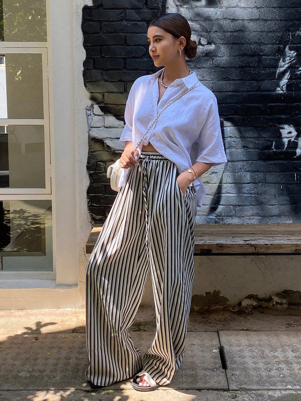 Dazy pantalones casuales informales de pierna ancha con cintura con cordon a rayas para mujer