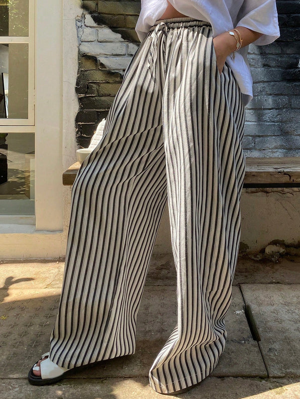 Dazy pantalones casuales informales de pierna ancha con cintura con cordon a rayas para mujer