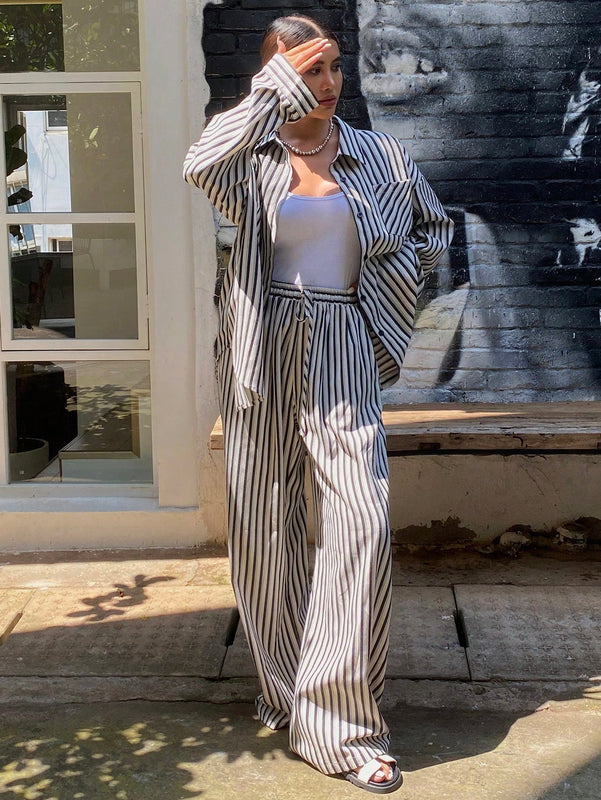 Dazy pantalones casuales informales de pierna ancha con cintura con cordon a rayas para mujer